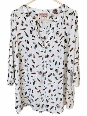 Philosophy Feather Print Blouse Women’s 1X White 3/4 Sleeve Boho Top